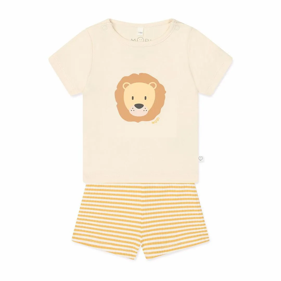 MORI Lion T-Shirt & Stripe Ribbed Shorts - Panda Cream