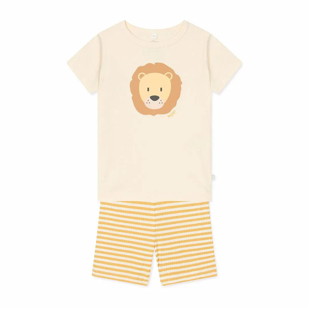 MORI Lion T-Shirt & Stripe Ribbed Shorts - Panda Cream