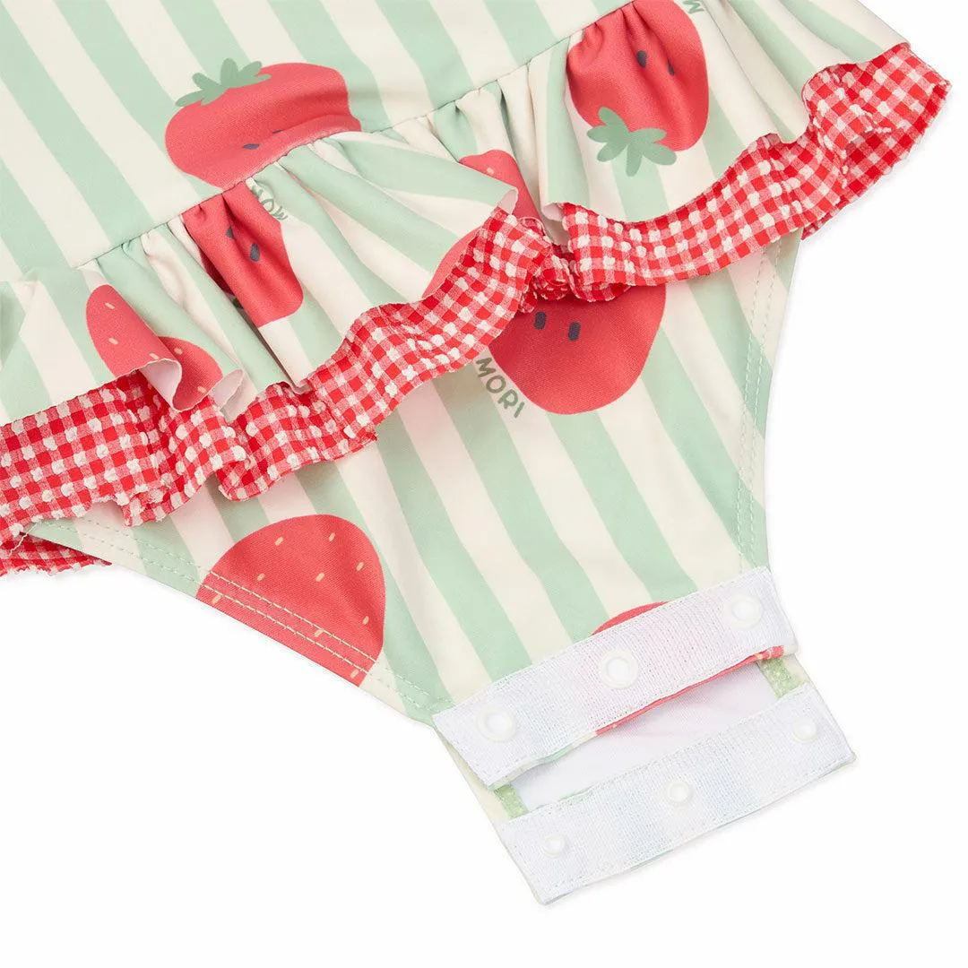 MORI Stripe Frill Long Sleeve Swimsuit - Strawberry & Green Stripe