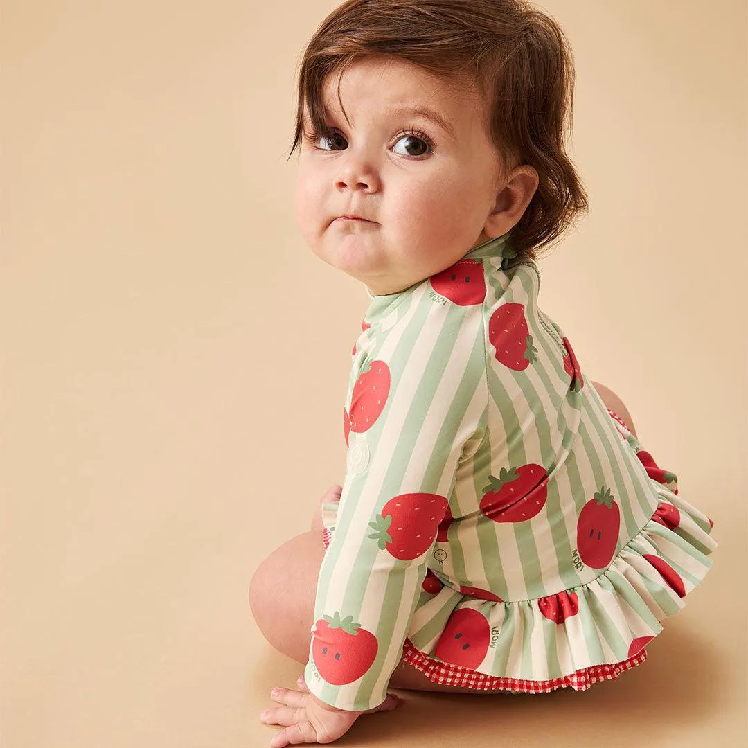MORI Stripe Frill Long Sleeve Swimsuit - Strawberry & Green Stripe