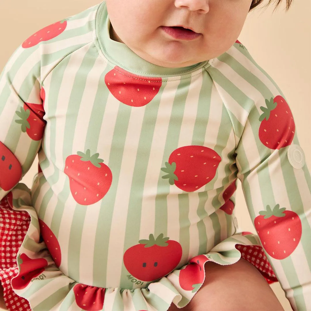 MORI Stripe Frill Long Sleeve Swimsuit - Strawberry & Green Stripe
