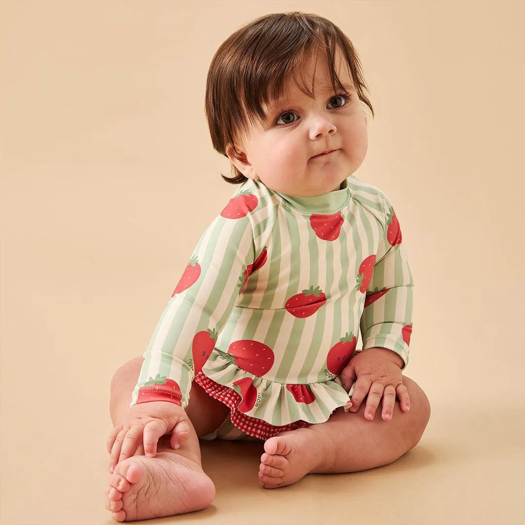 MORI Stripe Frill Long Sleeve Swimsuit - Strawberry & Green Stripe