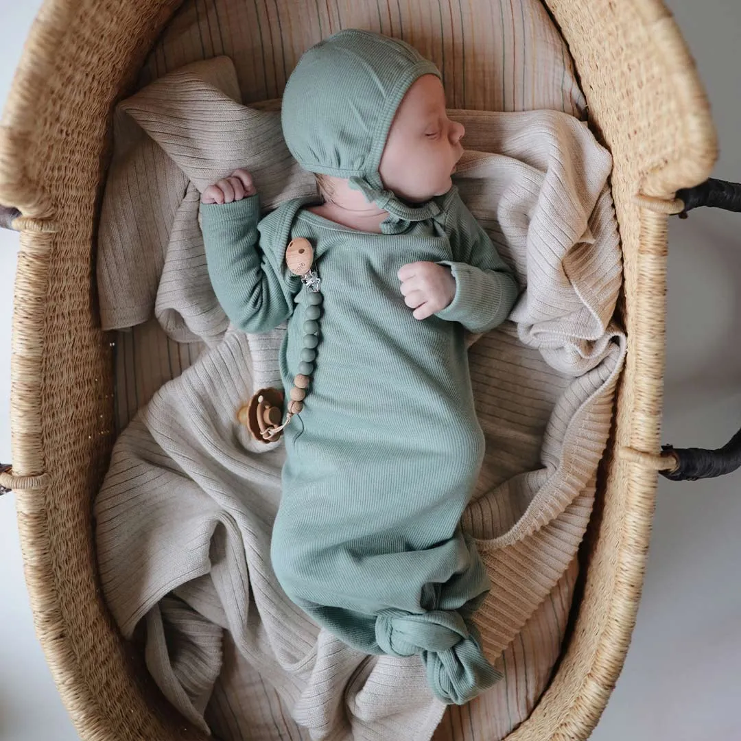 Mushie Ribbed Knotted Baby Gown - Roman Green
