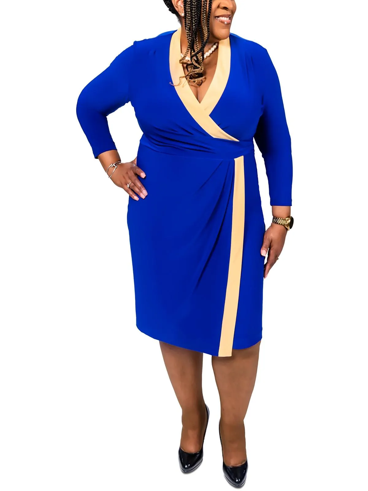Womens Colorblock Midi Wrap Dress