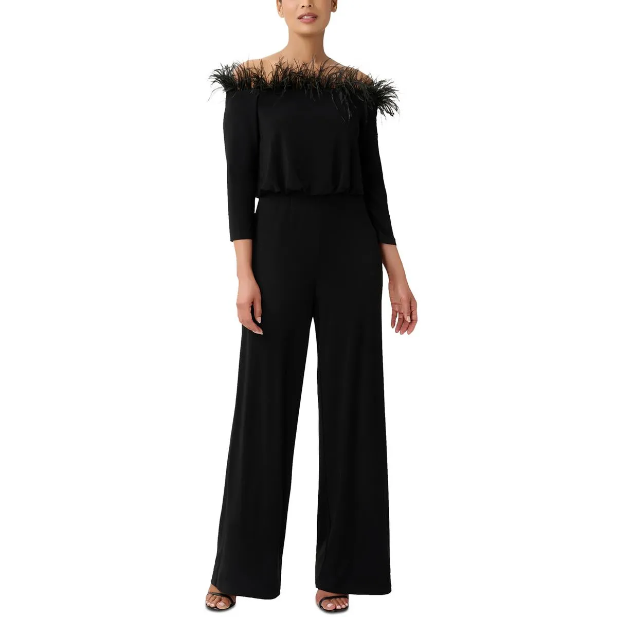 Womens Feather-Trim Off-The-Shoulder Jumpsuit