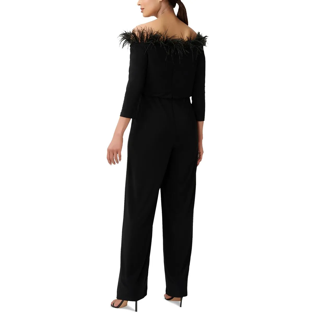 Womens Feather-Trim Off-The-Shoulder Jumpsuit