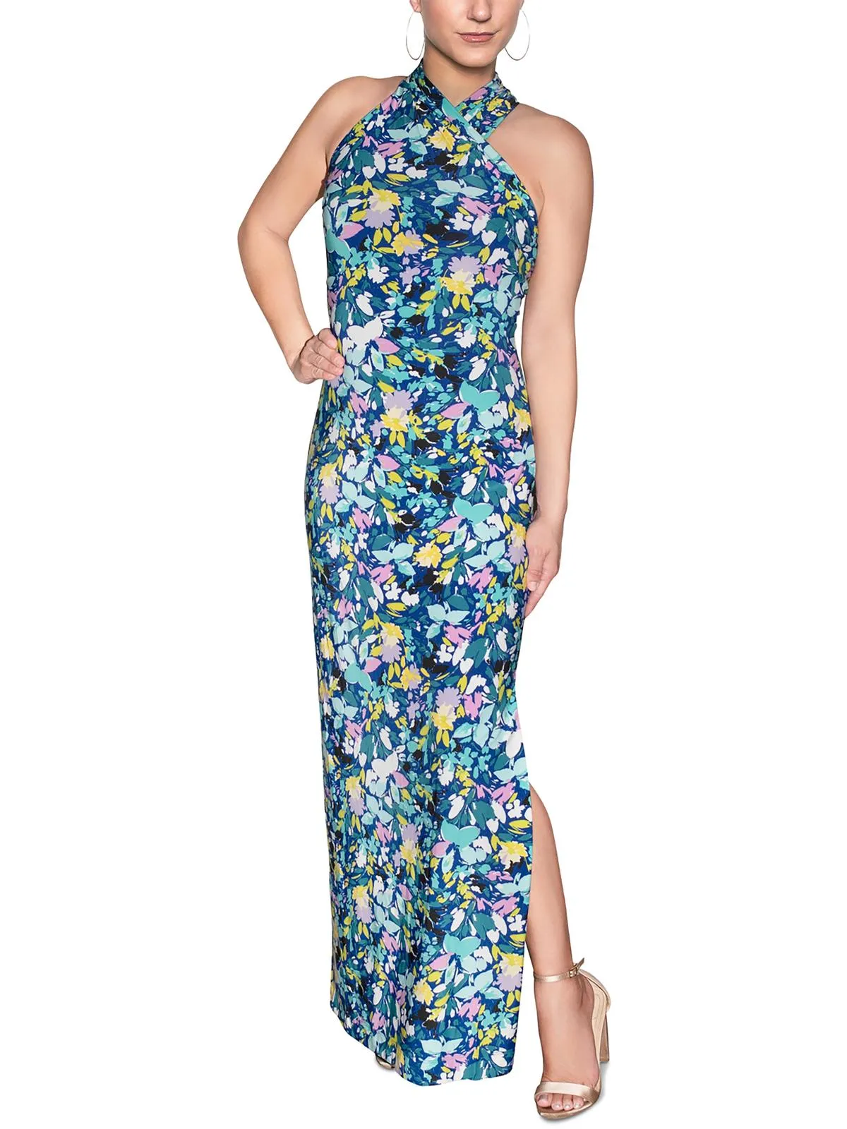 Womens Floral Print Halter Maxi Dress